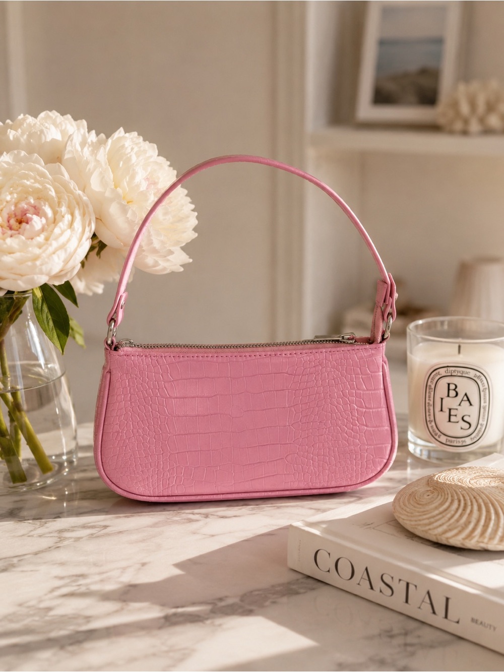 Baby Pink Croc-Embossed Women's shoulder bag purse